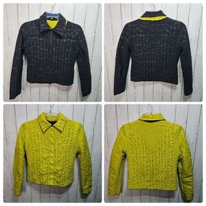 UbU Women's Black Chartreuse Reversible Smocked Floral Quilted Jacket Size Small
